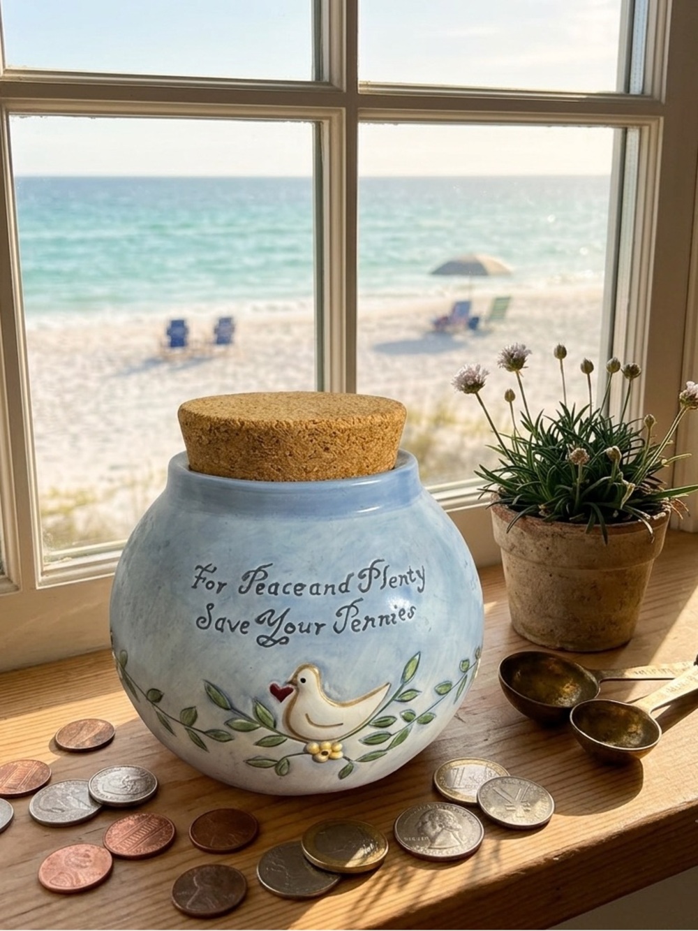 Russ Berries Blue Ceramic Penny Jar with Dove Design